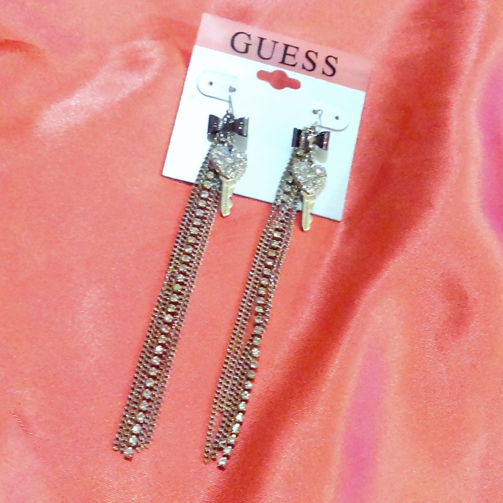NWT GUESS Rhinestone Key and Bow Drop Earrings